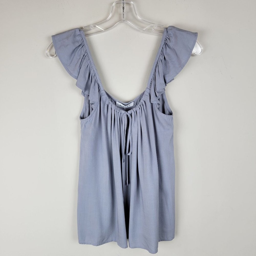 Gilli Grey Ruffle Pleated Strappy Shoulder Tie Front Relaxed Top Blouse S